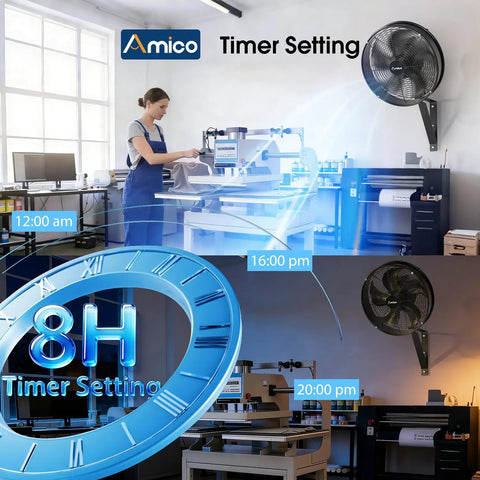 Industrial 16 Inch Indoor Outdoor Wall Mount Fan With Remote in workshop showing timer settings and blue 8-hour timer graphic.