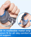 CMC Thumb Brace For Osteoarthritis With Shape Memory Restriction Splint, Right Hand, Medium, Blue, showing metal strip.