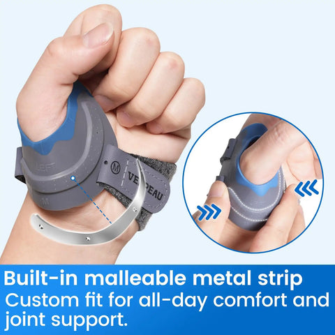 CMC Thumb Brace For Osteoarthritis With Shape Memory Restriction Splint, Right Hand, Medium, Blue, showing metal strip.