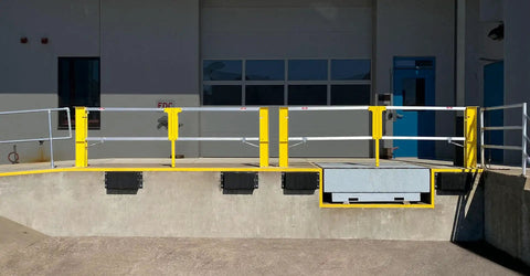 Heavy Duty Cantilever Dock Gate 12 Foot Wide Double Action Slick Pneumatic Struts in a warehouse loading bay setting.