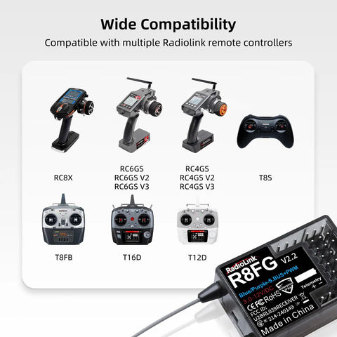 Various RC remote controllers compatible with Dual Pack Eight Channel Gyro Receiver Two Point Four GHz Long Range Up To Six Hundred Meters With Anti Interference FHSS Tech Water Splash Resistant Telemetry RX For RC Crawler Cars Boats And Remote Controllers.