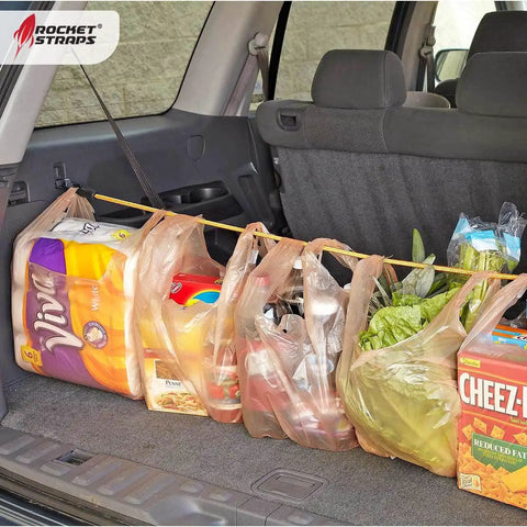Beefy Outdoor Bungee Cord Set With 12 Heavy Duty Cords 72 Inch Long Double J Hooks securing grocery bags in car trunk
