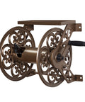 Steel Wall Mount Hose Reel With Built-In Shelf In Bronze Finish Holds 125 Feet Of 5/8 Inch Hose Weather Resistant Powder Coat