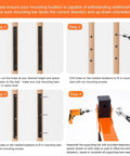 Installation steps for Wall Mounted Lumber Storage Rack Two Piece Set For Garage And Warehouse, showing drilling and assembly process.