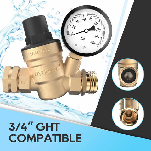 RVGUARD water pressure regulator valve, lead-free brass with gauge and inlet screen, 3/4 in GHT compatible