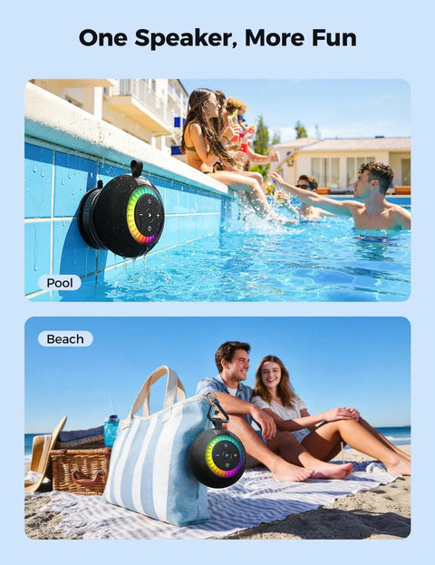 Waterproof Portable Shower Speaker Delivers 360 Degree Sound And RGB Lights IPX7 Waterproof Suction Cup Mount at pool and beach