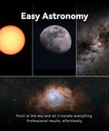 Ultra Light Portable Smart Telescope For On The Go Astrophotography And Wildlife Viewing With 4K Auto Tracking Built In Processing Dual Imaging For Day And Night AZ And EQ Modes Ultra Lightweight Under 3 Lb Backpack Friendly And Great For All Ages showing images of sun, moon, galaxy, and nebula