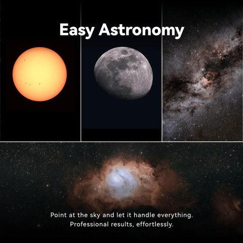 Ultra Light Portable Smart Telescope For On The Go Astrophotography And Wildlife Viewing With 4K Auto Tracking Built In Processing Dual Imaging For Day And Night AZ And EQ Modes Ultra Lightweight Under 3 Lb Backpack Friendly And Great For All Ages showing images of sun, moon, galaxy, and nebula
