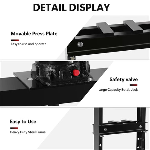 Detail display of 20 Ton Hydraulic Shop Press H Frame Garage Floor Mount with movable press plate and safety valve.