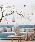 Dope Chinese Style Wall Decal With White Magnolia Blossoms Black Tree Flying Birds And Moon Calligraphy Removable DIY Murals