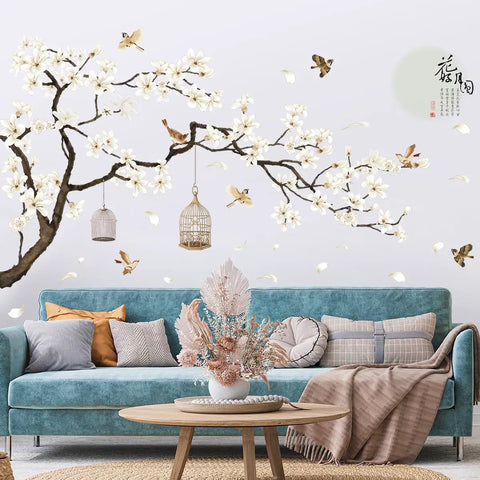 Dope Chinese Style Wall Decal With White Magnolia Blossoms Black Tree Flying Birds And Moon Calligraphy Removable DIY Murals