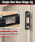 Straight Up Solid Door Hinge Template Kit With Modular Aluminum Rails For Hassle Free Recess Cutting Of Square Radius Hinges In Doors And Frames No Mess Precision Hinge Jig System on a door.