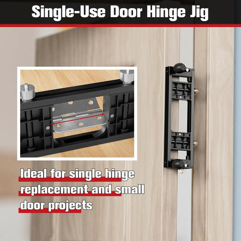 Straight Up Solid Door Hinge Template Kit With Modular Aluminum Rails For Hassle Free Recess Cutting Of Square Radius Hinges In Doors And Frames No Mess Precision Hinge Jig System on a door.