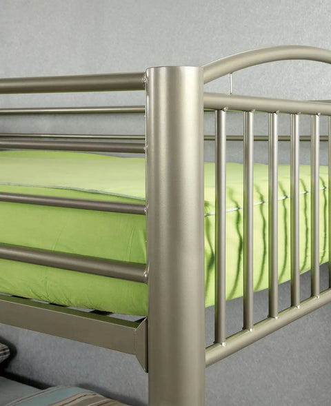 Close-up of Twin Over Twin Metal Bunk Bed With Movable Ladder And Rails That Converts Into Two Separate Beds, Metallic Gold Finish