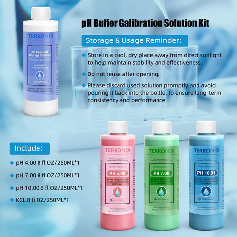 pH Calibration Kit With 4 Bottle Buffers 4.00 7.00 10.01, 250ml Bottles, Electrode Storage Tank, Pro Grade High Precision Calibration Solution displayed
