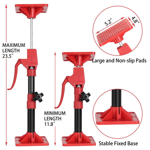 Front view of red Amazon cabinet jack set with adjustable 11.8–23.5 in poles, 78 lb capacity, 2-pack, stable base.