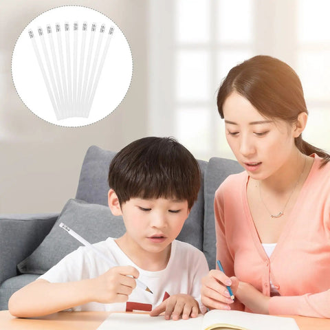 Child and adult using 10 Pack Carpenter Pencils With Erasers, Pure White Round Wooden Graphite Pencils for construction and office use.