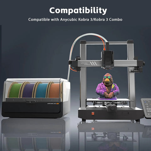 3D printer setup with Anycubic Kobra 3/Kobra 3 combo and filament storage, showcasing compatibility with ceramic hotend upgrade.