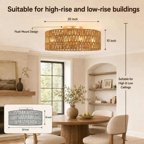Pixxrib Boho Caged Ceiling Fans with Lights for Bedroom Living room, 20 inch flush mount design, suitable for all ceiling heights.