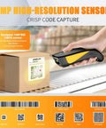 Compact Bluetooth Barcode Scanner for 1D and 2D codes reading a barcode on a package with high-resolution CMOS sensor.