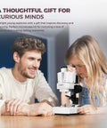 Dual LED Kids Microscope Science Kit With 52 Plus Pieces Including Mineral And Insect Specimens Prepared Slides And DIY Blank Slides Totally Great For Curious 8 To 12 Year Old Scientists, child using white stereo microscope