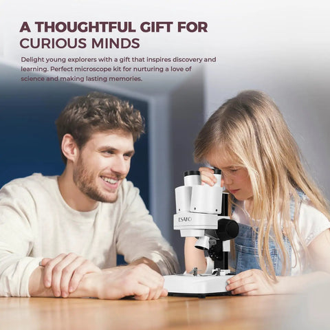 Dual LED Kids Microscope Science Kit With 52 Plus Pieces Including Mineral And Insect Specimens Prepared Slides And DIY Blank Slides Totally Great For Curious 8 To 12 Year Old Scientists, child using white stereo microscope