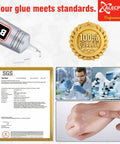 Collage with All-Purpose Craft Glue for Jewelry Making and DIY Projects, SGS test report, scientist, quality badge, glue on skin.