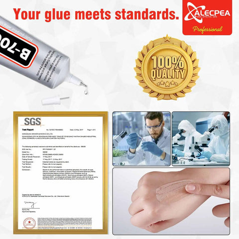 Collage with All-Purpose Craft Glue for Jewelry Making and DIY Projects, SGS test report, scientist, quality badge, glue on skin.