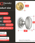 Diagram showing dimensions of 10 Pack Brushed Nickel Cabinet Knobs Silver Round Drawer Knobs with 1.2-inch diameter and screw sizes.
