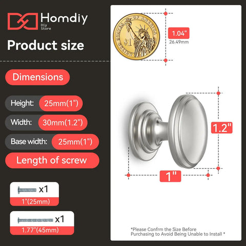 Diagram showing dimensions of 10 Pack Brushed Nickel Cabinet Knobs Silver Round Drawer Knobs with 1.2-inch diameter and screw sizes.