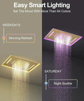 GRANDJOY 23" LED Shower System with Handheld Spray, Brushed Gold showing smart lighting features with 64 colors.