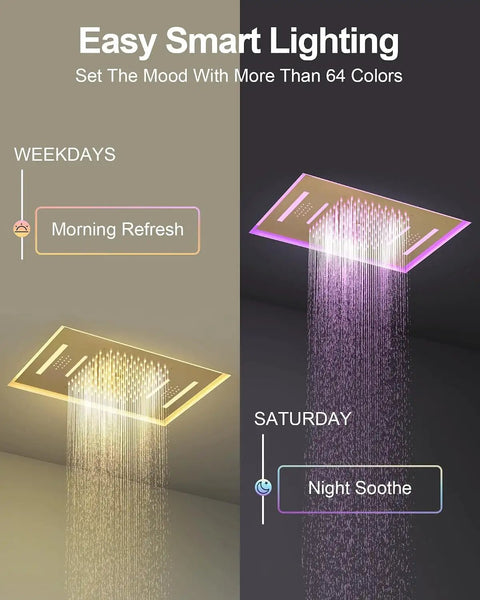 GRANDJOY 23" LED Shower System with Handheld Spray, Brushed Gold showing smart lighting features with 64 colors.