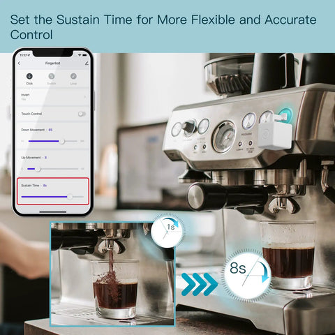 Fingerbot Plus Smart Button Pusher No Wiring Switch Upgrade With Touch Control attached to coffee machine for retrofit