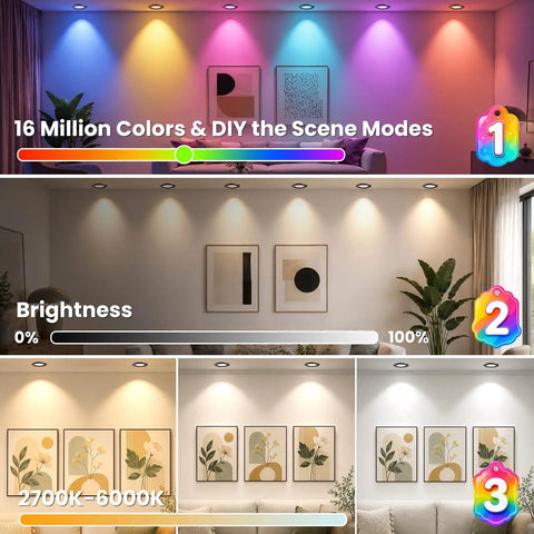 2 Inch Smart LED Recessed Lighting, 5W RGB Color Changing WiFi Downlight in various brightness levels and colors, showcasing modern decor.