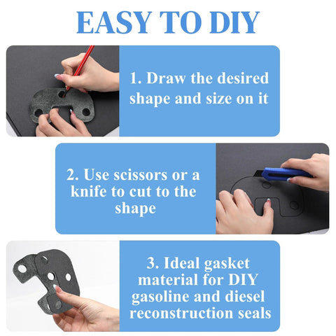 Peohud gasket paper kit, 9 pcs, non-asbestos high-temp sheets for DIY engine gaskets; instructional collage view