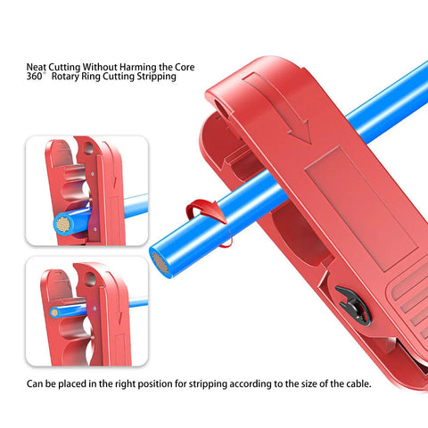 Slick Wire Stripping Machine With Hella Reliable Crimping And Smooth 360 Degree Rotation for rotary ring cutting of blue wire.