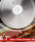 Foldable Electric Meat Slicer For Home With 6.7 Inches Removable Stainless Steel Blade showcasing sharp blade on cutting board with meat and vegetables.
