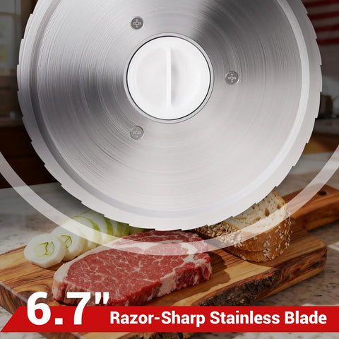 Foldable Electric Meat Slicer For Home With 6.7 Inches Removable Stainless Steel Blade showcasing sharp blade on cutting board with meat and vegetables.