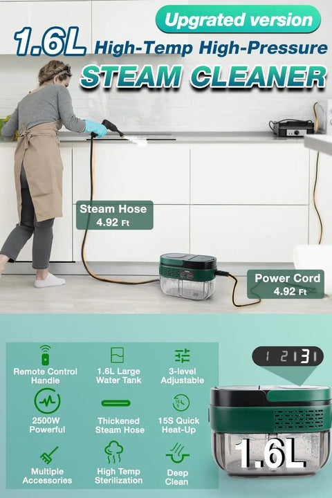 Hands Free Handheld Steam Cleaner With Handle Control One Point Six Liter Large Water Tank 3 Level Steam Output Thickened Hose Portable No Bending Easy To Use Pro Grade High Temp Steamer for cleaning kitchen counter, 1.6L dark green.