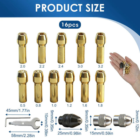 Brass Collet Set For Your Rotary Tool, 16 Pcs Drill Chuck And Collet Nut Kit shown with measurement details and tool sizes.