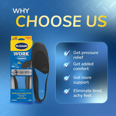 All Day Work Insoles With Massaging Gel For Women One Pair Trim To Fit packaging with benefits list on blue background