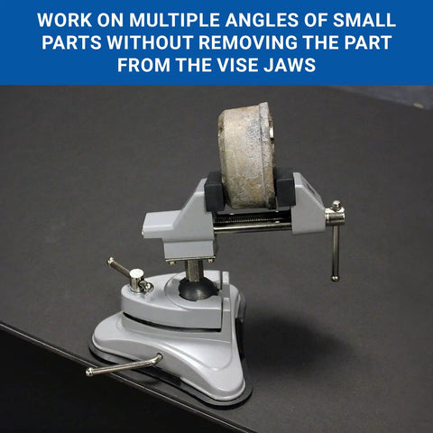 Portable Vacuum Base Vise With 360 Degree Swivel And 90 Degree Pivot Two And Three Quarter Inch Jaw Width holding part