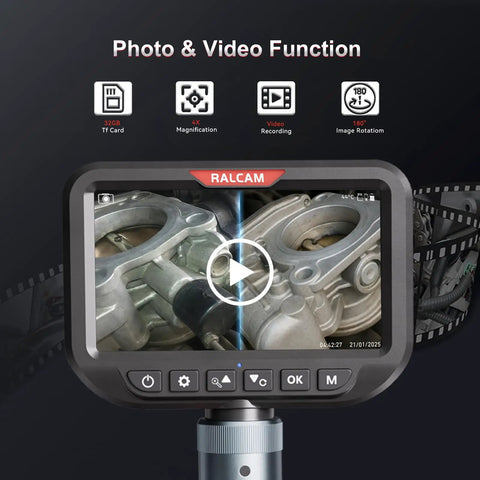 Dual Lens Articulating Borescope Camera With Light, Slim 8.5mm Probe For Tight Spaces, 10ft SemiRigid Cable, Waterproof Inspection Tool For Engines, Pipes, And Machinery Gaps, Fast Access And Crystal Clear View on screen with video and photo icons