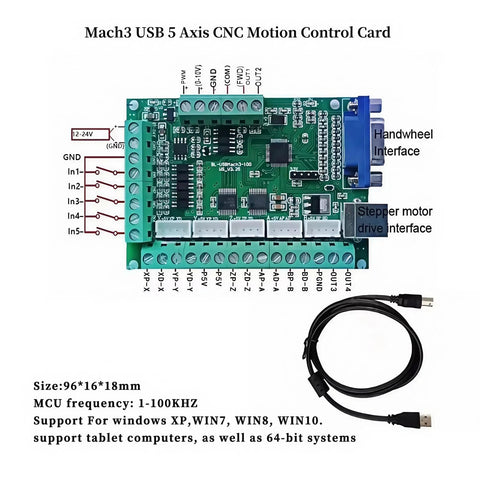 Mach3 USB 5-Axis CNC motion control card on green PCB with screw-terminal blocks and USB cable