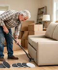 Man using ergonomic lifter tool with Super Easy Heavy Furniture Sliding Kit With Eight Premium Moving Pads And Ergonomic Lifter Tool For Sofa Fridge Machine Repositioning Without Strain.