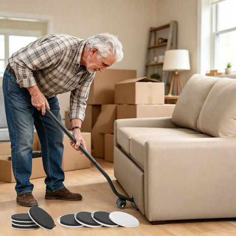 Man using ergonomic lifter tool with Super Easy Heavy Furniture Sliding Kit With Eight Premium Moving Pads And Ergonomic Lifter Tool For Sofa Fridge Machine Repositioning Without Strain.