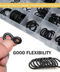 Zikefest 300-piece black nitrile O-ring kit in a clear plastic organizer; front view with a hand holding a ring