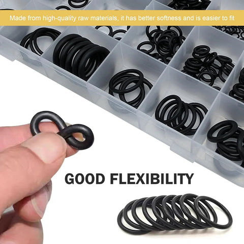 Zikefest 300-piece black nitrile O-ring kit in a clear plastic organizer; front view with a hand holding a ring