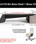 Top Tier Executive Office Desk With Sturdy Chair And Roll Away Lateral File Cabinet Silver Sandalwood Finish, large boss desk set.
