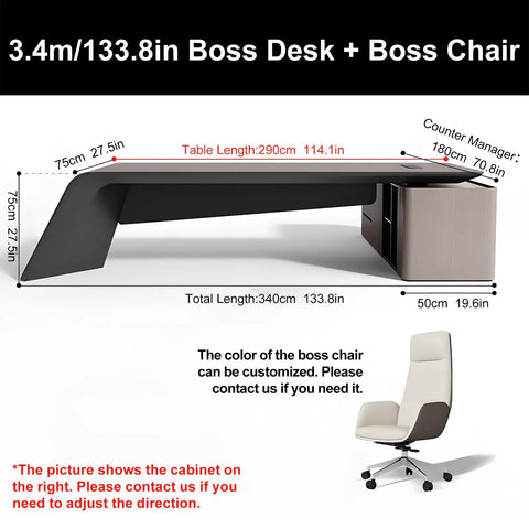 Top Tier Executive Office Desk With Sturdy Chair And Roll Away Lateral File Cabinet Silver Sandalwood Finish, large boss desk set.